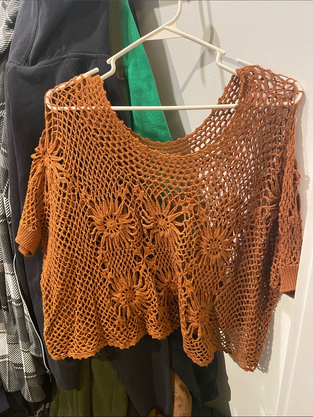 Crochet Off-the-Shoulder Sweater in Rust